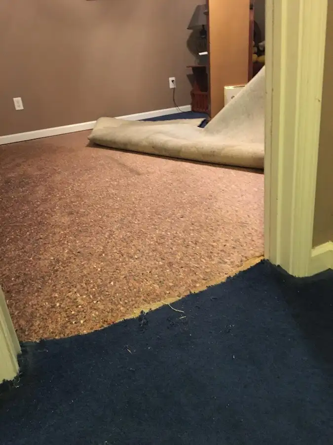 Carpet pad removal revealing water damage during Water Mitigation Services in Gahanna